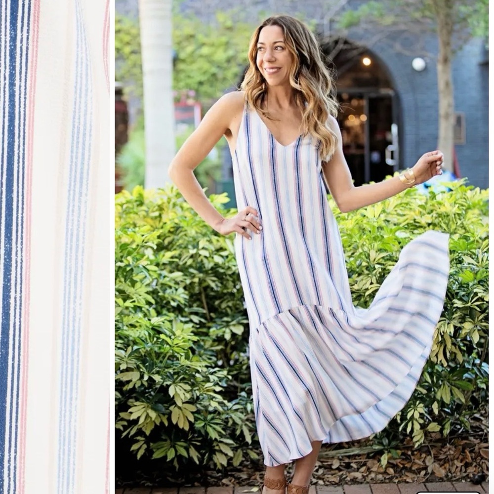 Gibson Summer Nights Maxi Dress Off White Blue Striped Sleeveless XS Sundress